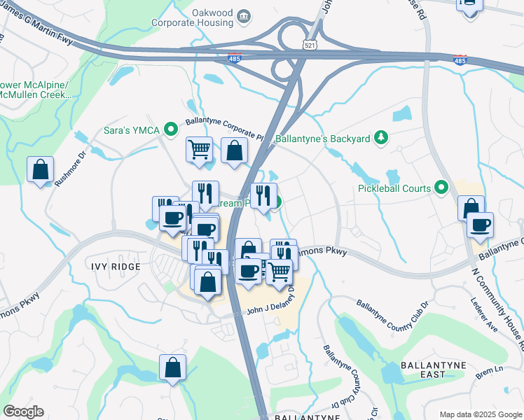 map of restaurants, bars, coffee shops, grocery stores, and more near 10106 Ballantyne Commons Parkway in Charlotte