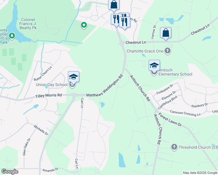 map of restaurants, bars, coffee shops, grocery stores, and more near 3774 Matthews Weddington Road in Weddington