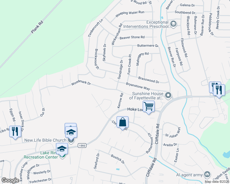 map of restaurants, bars, coffee shops, grocery stores, and more near 6904 Woodmark Drive in Fayetteville