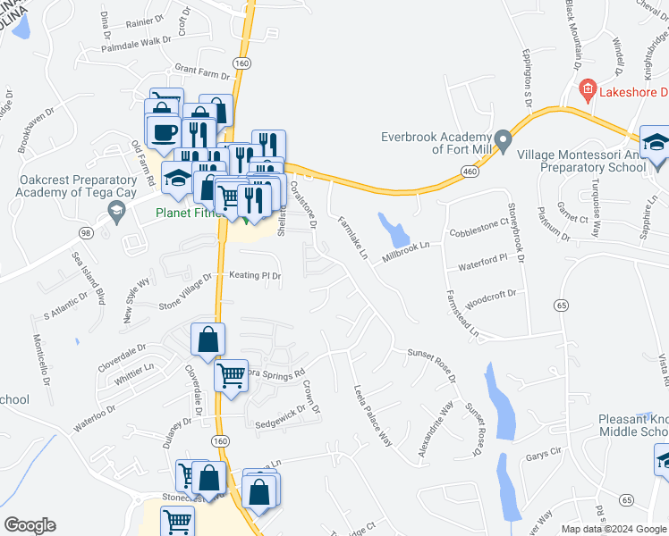 map of restaurants, bars, coffee shops, grocery stores, and more near 2107 Midnight Blue Lane in Fort Mill