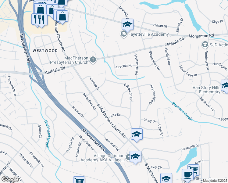 map of restaurants, bars, coffee shops, grocery stores, and more near 344-348 Edinburgh Drive in Fayetteville