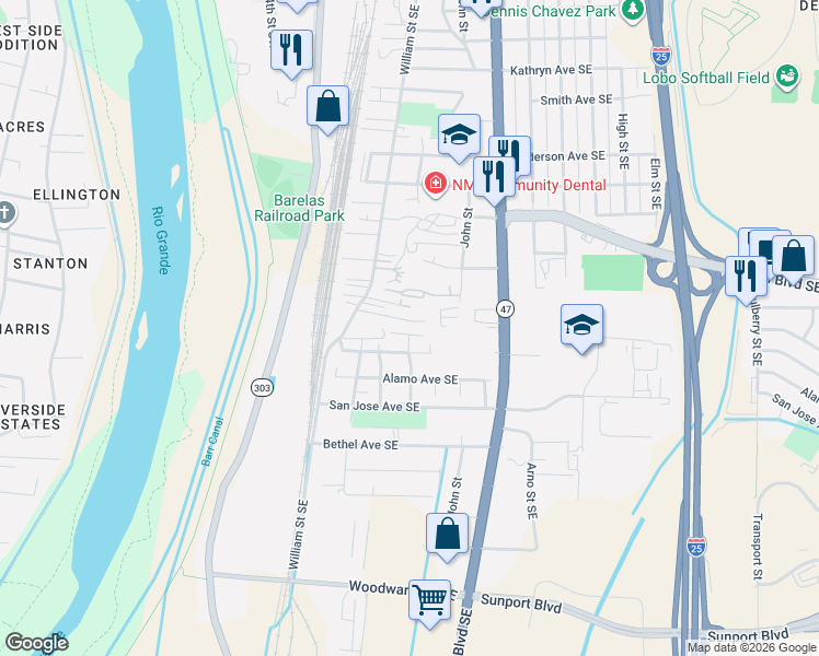 map of restaurants, bars, coffee shops, grocery stores, and more near 245 Romana Avenue Southeast in Albuquerque