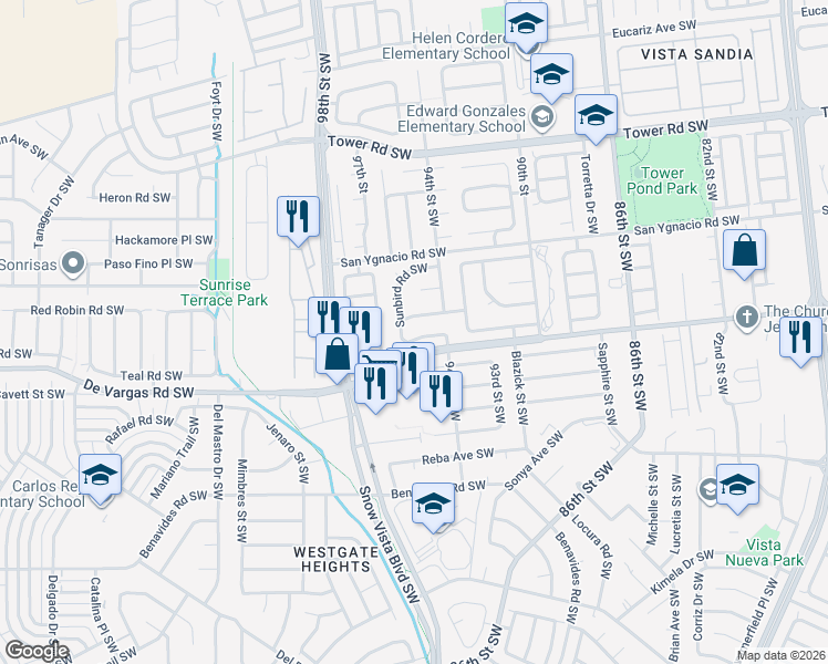 map of restaurants, bars, coffee shops, grocery stores, and more near 914 Sunbird Road Southwest in Albuquerque