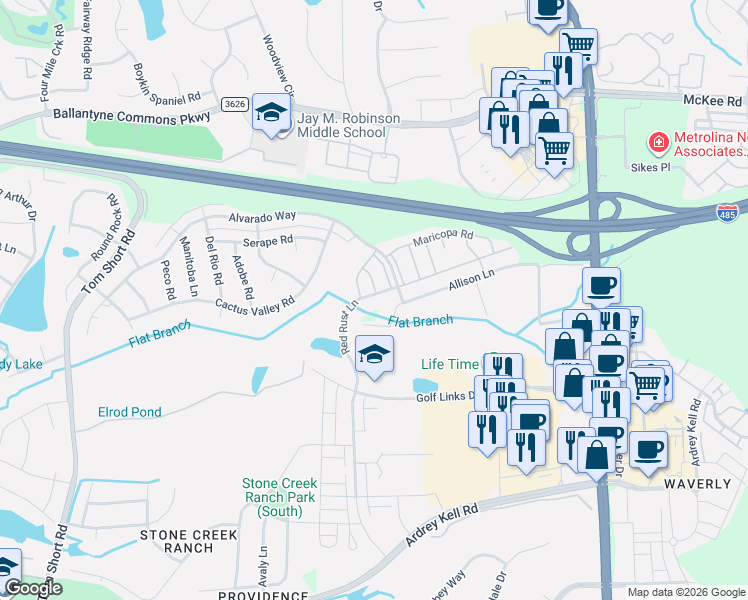 map of restaurants, bars, coffee shops, grocery stores, and more near 10826 Dancing Wind Road in Charlotte