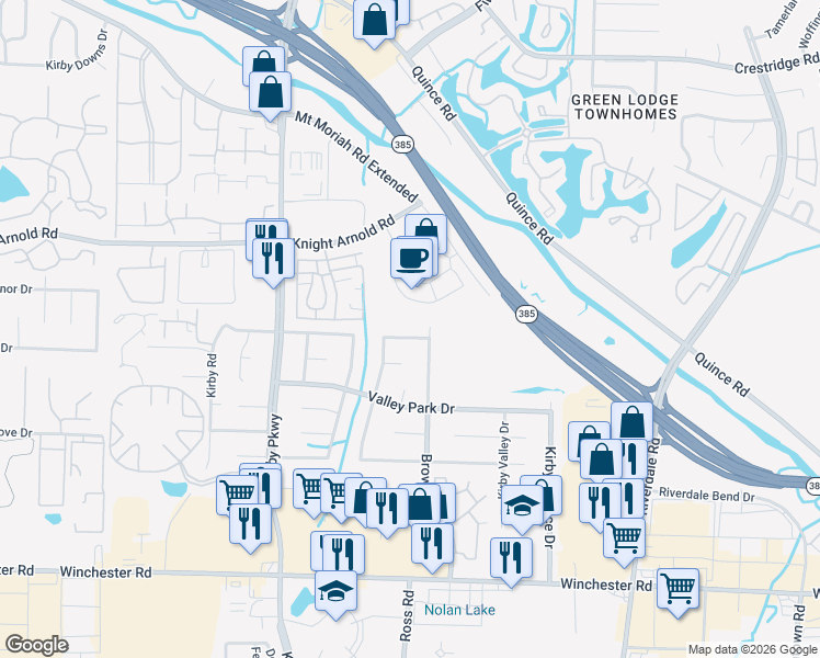map of restaurants, bars, coffee shops, grocery stores, and more near 6734 Norfield Drive in Memphis