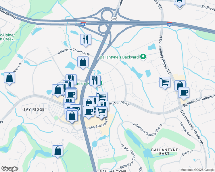 map of restaurants, bars, coffee shops, grocery stores, and more near 10106 Ballantyne Commons Pkwy in Charlotte