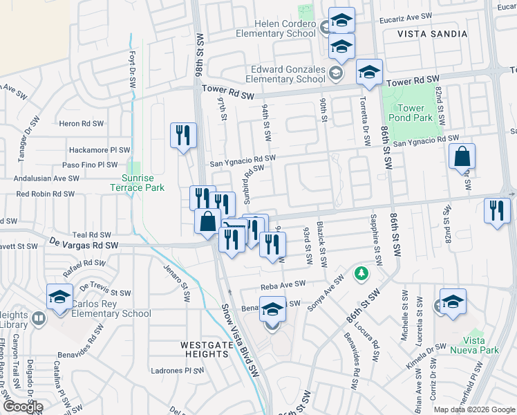 map of restaurants, bars, coffee shops, grocery stores, and more near 914 Sunbird Road Southwest in Albuquerque