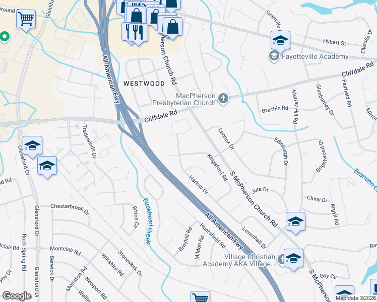 map of restaurants, bars, coffee shops, grocery stores, and more near 421 Kingsford Road in Fayetteville