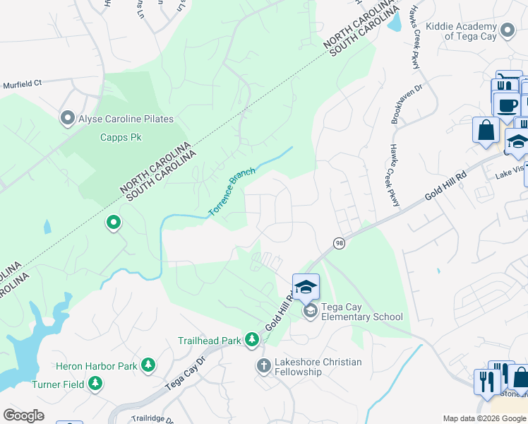 map of restaurants, bars, coffee shops, grocery stores, and more near 2964 Deer Creek Drive in Fort Mill