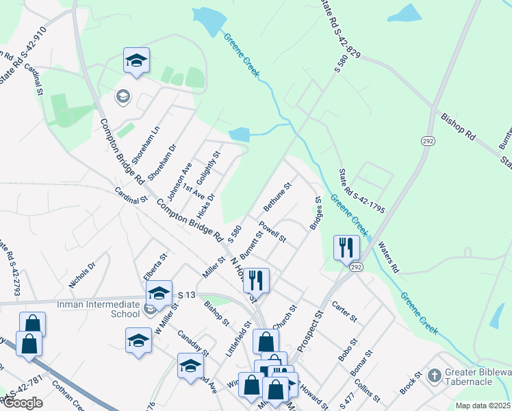 map of restaurants, bars, coffee shops, grocery stores, and more near 220 South 580 in Inman