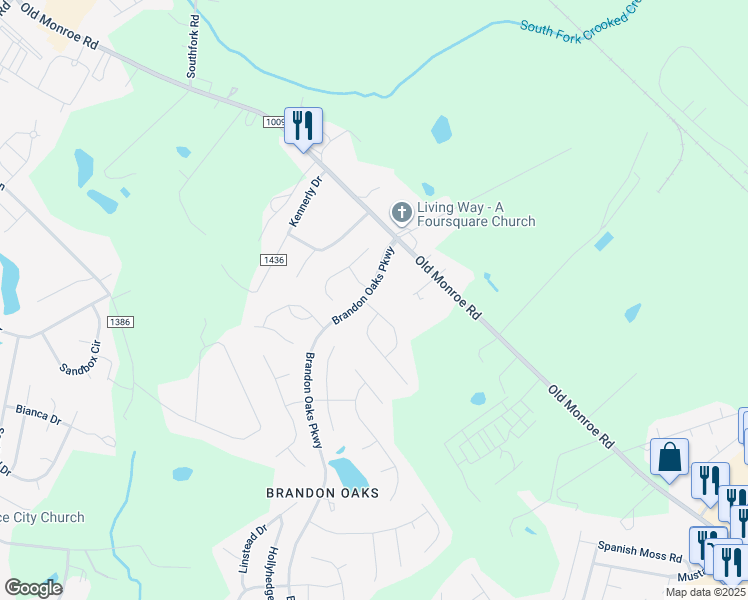 map of restaurants, bars, coffee shops, grocery stores, and more near 401 McMillan Drive in Indian Trail