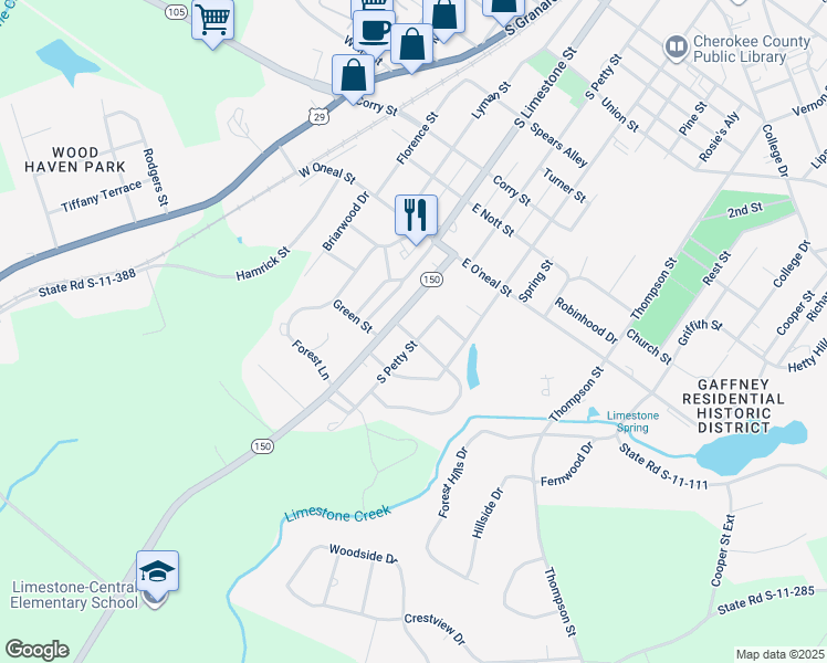 map of restaurants, bars, coffee shops, grocery stores, and more near 145 Pacolet Highway in Gaffney