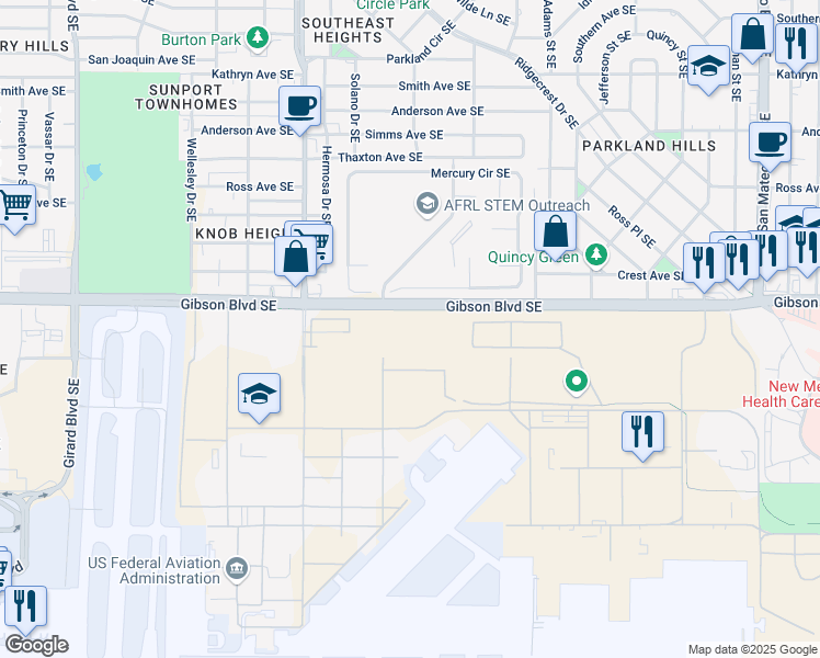 map of restaurants, bars, coffee shops, grocery stores, and more near 3543 Gibson Blvd SE in Albuquerque