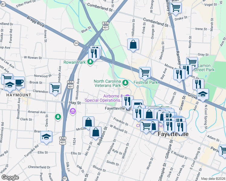 map of restaurants, bars, coffee shops, grocery stores, and more near 301 Bragg Boulevard in Fayetteville