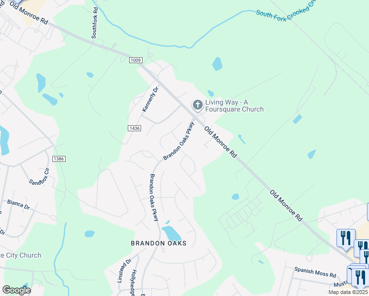 map of restaurants, bars, coffee shops, grocery stores, and more near 401 McMillan Drive in Indian Trail