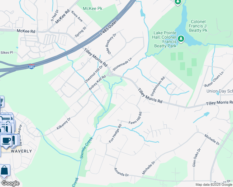 map of restaurants, bars, coffee shops, grocery stores, and more near 3700 Fawn Hill Road in Matthews