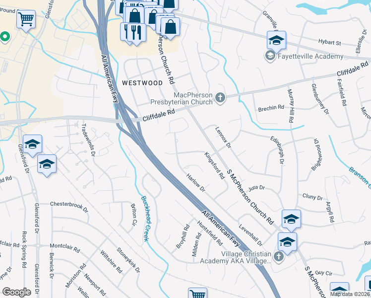 map of restaurants, bars, coffee shops, grocery stores, and more near 421 Kingsford Road in Fayetteville