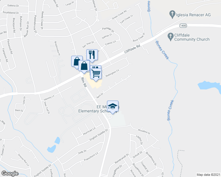 map of restaurants, bars, coffee shops, grocery stores, and more near April Drive in Fayetteville