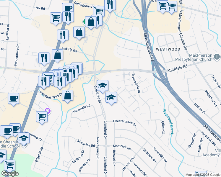 map of restaurants, bars, coffee shops, grocery stores, and more near 4699 Keg Court in Fayetteville