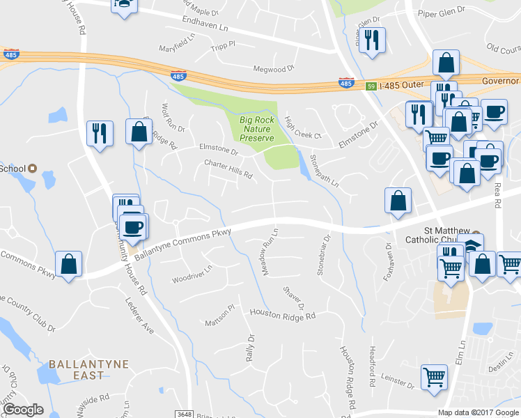 map of restaurants, bars, coffee shops, grocery stores, and more near 10820 Jordan Rae Lane in Charlotte