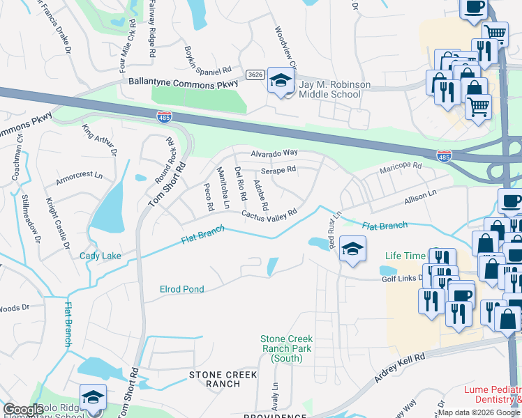map of restaurants, bars, coffee shops, grocery stores, and more near 6525 Del Rio Road in Charlotte