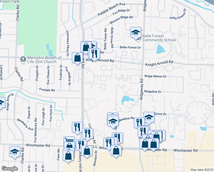 map of restaurants, bars, coffee shops, grocery stores, and more near 3338 Summer Place Lane in Memphis