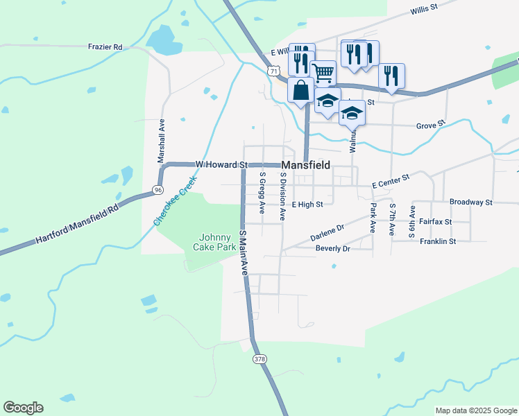 map of restaurants, bars, coffee shops, grocery stores, and more near 208 South Gregg Avenue in Mansfield