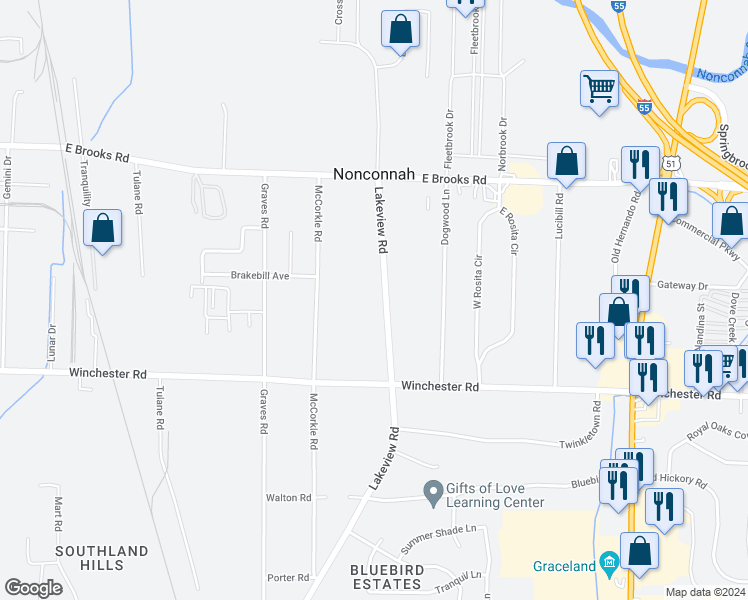 map of restaurants, bars, coffee shops, grocery stores, and more near 3341 Lakeview Road in Memphis