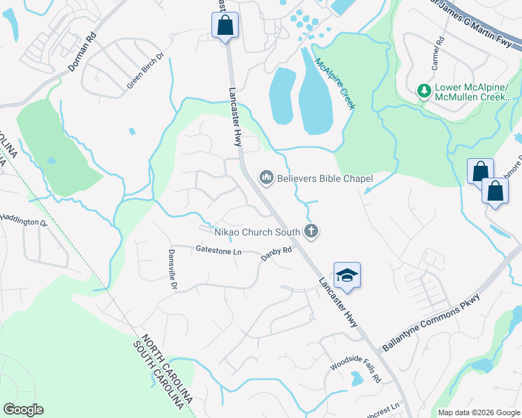 map of restaurants, bars, coffee shops, grocery stores, and more near 12526 Cardinal Woods Drive in Pineville