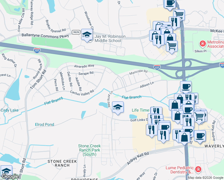 map of restaurants, bars, coffee shops, grocery stores, and more near 10826 Dancing Wind Road in Charlotte