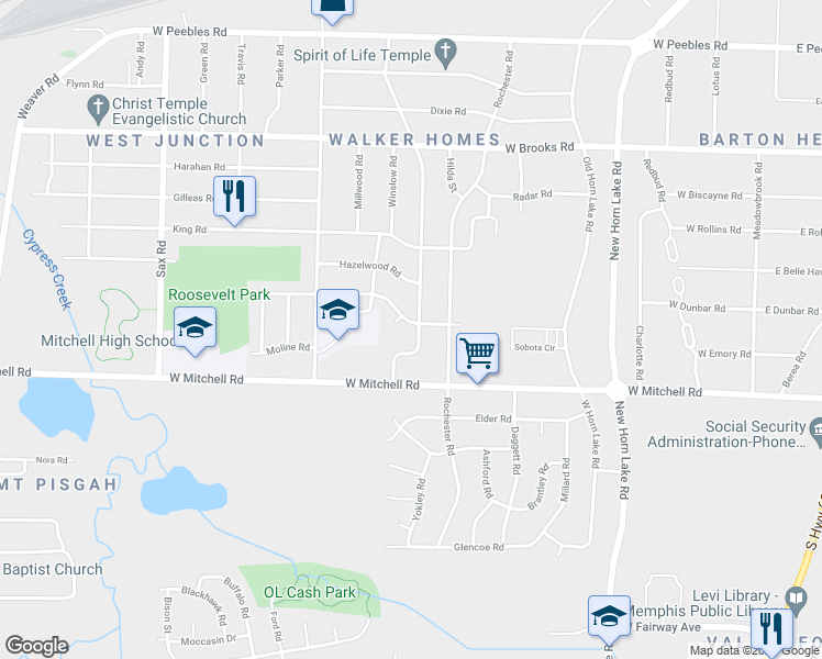 map of restaurants, bars, coffee shops, grocery stores, and more near 391 Jenson Road in Memphis