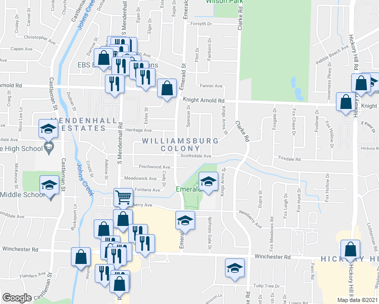 map of restaurants, bars, coffee shops, grocery stores, and more near 5500 Scottsdale Avenue in Memphis