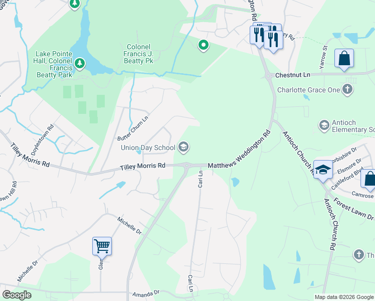map of restaurants, bars, coffee shops, grocery stores, and more near 3000 Tilley Morris Road in Weddington