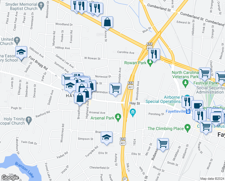 map of restaurants, bars, coffee shops, grocery stores, and more near 908 Clarendon Street in Fayetteville