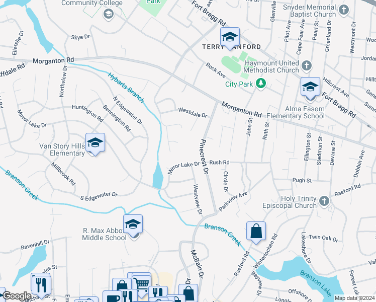 map of restaurants, bars, coffee shops, grocery stores, and more near 230 Pinecrest Drive in Fayetteville