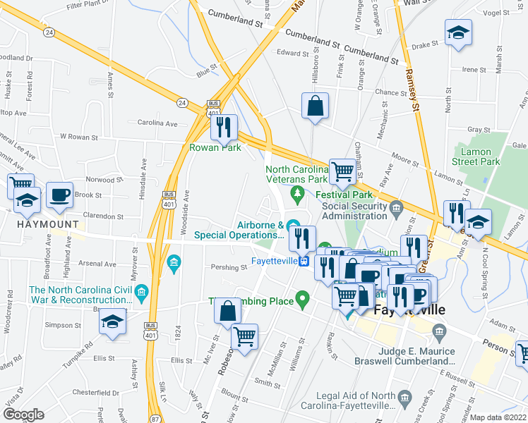map of restaurants, bars, coffee shops, grocery stores, and more near 277 Hugh Shelton Loop in Fayetteville