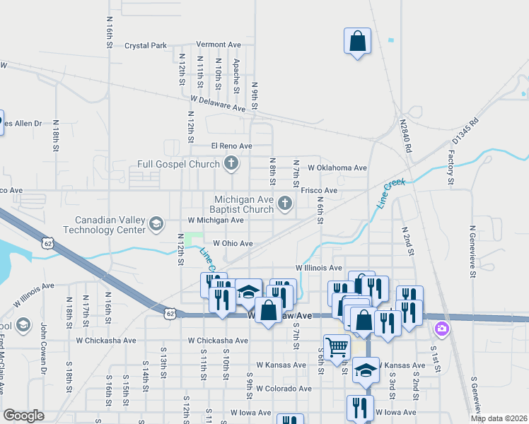 map of restaurants, bars, coffee shops, grocery stores, and more near 614 North 8th Street in Chickasha