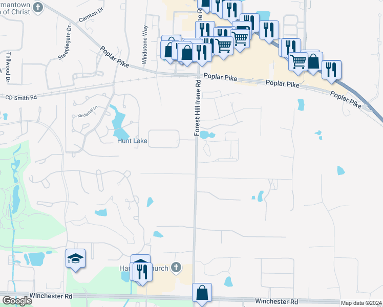 map of restaurants, bars, coffee shops, grocery stores, and more near 3369 Forest Hill Irene Road in Germantown