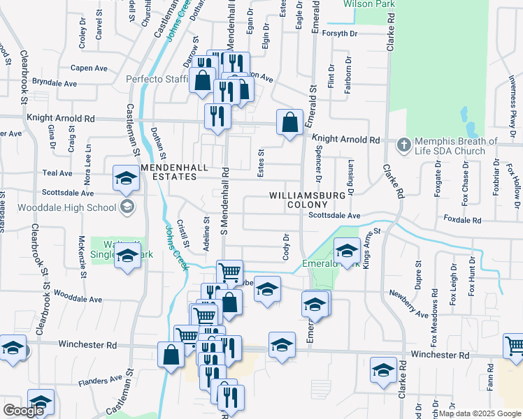 map of restaurants, bars, coffee shops, grocery stores, and more near 5394 Scottsdale Avenue in Memphis