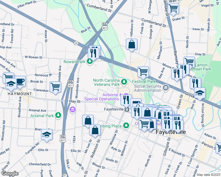 map of restaurants, bars, coffee shops, grocery stores, and more near 277 Hugh Shelton Loop in Fayetteville