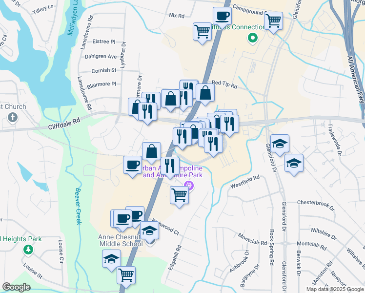 map of restaurants, bars, coffee shops, grocery stores, and more near 5876 Leisure Lane in Fayetteville
