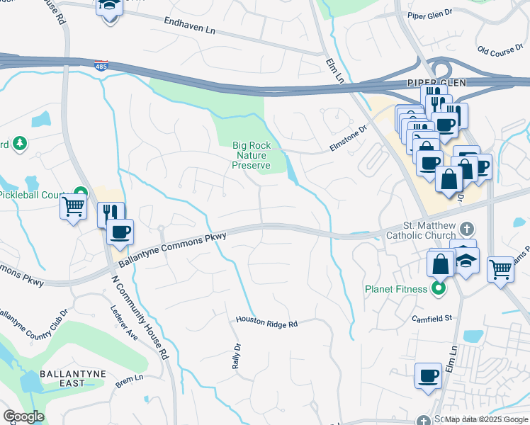 map of restaurants, bars, coffee shops, grocery stores, and more near 10900 Jordan Rae Lane in Charlotte