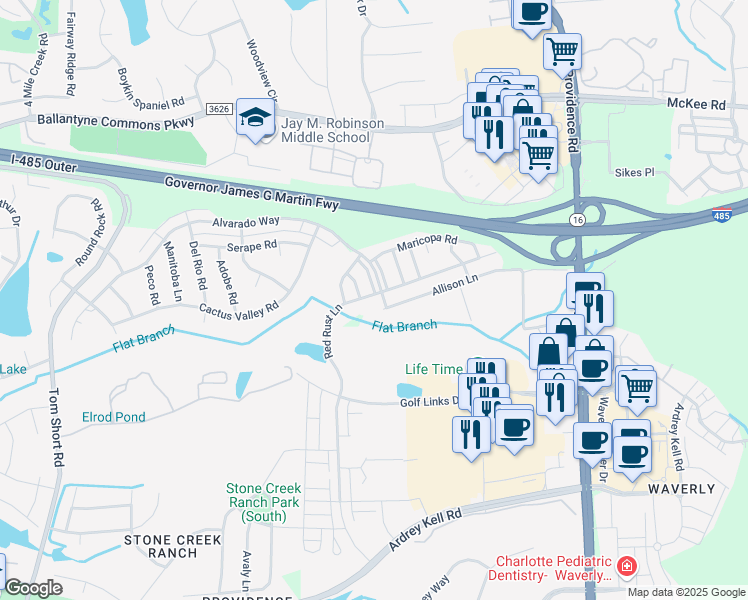 map of restaurants, bars, coffee shops, grocery stores, and more near 12046 Red Rust Lane in Charlotte