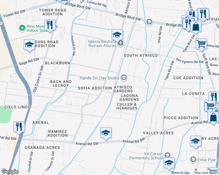 map of restaurants, bars, coffee shops, grocery stores, and more near 2296 Wilbur Road Southwest in Albuquerque