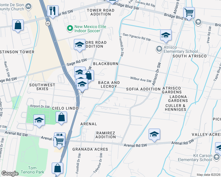 map of restaurants, bars, coffee shops, grocery stores, and more near 2606 Kelly Road Southwest in Albuquerque