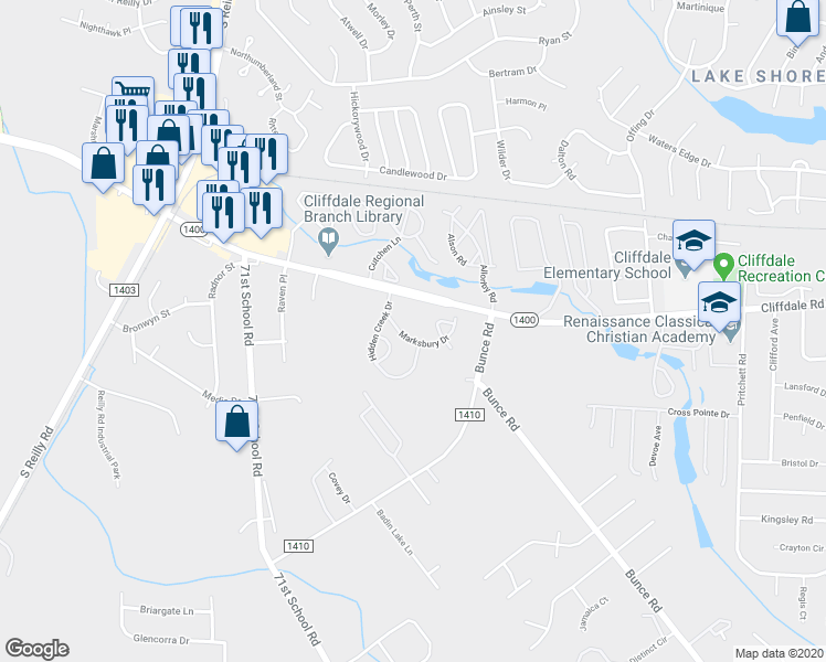 map of restaurants, bars, coffee shops, grocery stores, and more near 908 Cuffley Loop in Fayetteville