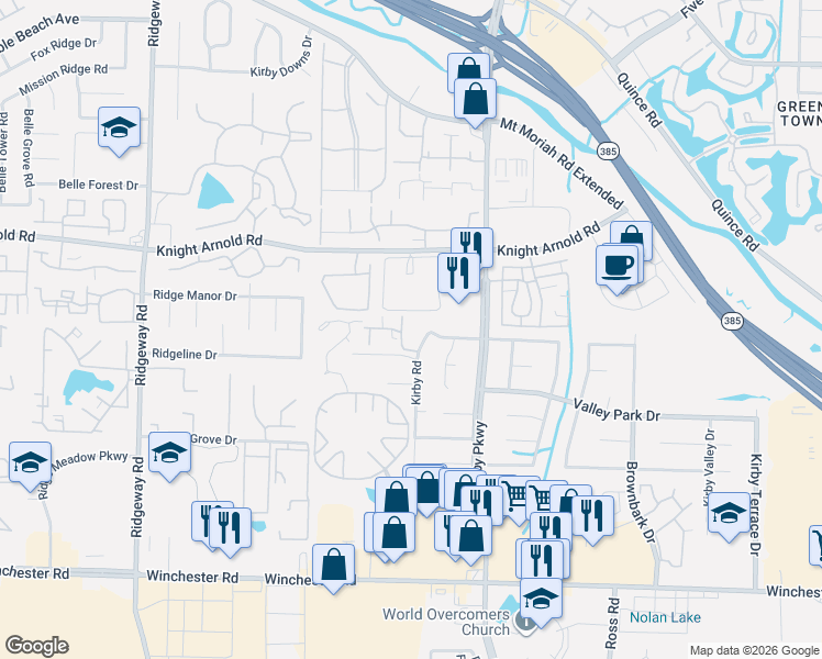 map of restaurants, bars, coffee shops, grocery stores, and more near 3330 Kirby Trees Place in Memphis