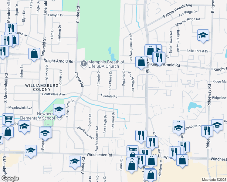 map of restaurants, bars, coffee shops, grocery stores, and more near 3326 Fox Chase Drive in Memphis