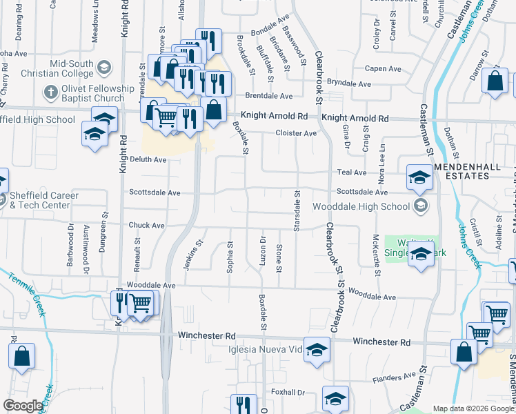 map of restaurants, bars, coffee shops, grocery stores, and more near 3324 Boxdale Street in Memphis
