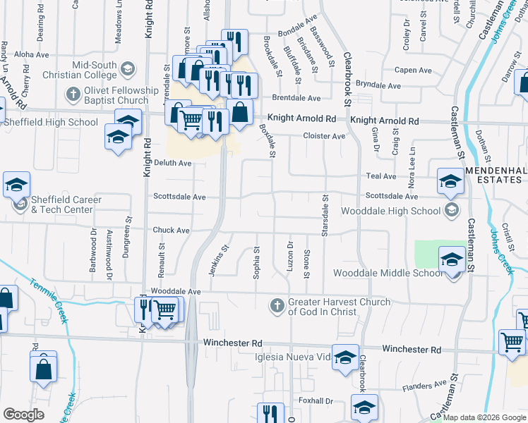 map of restaurants, bars, coffee shops, grocery stores, and more near 4774 Blanding Cove in Memphis